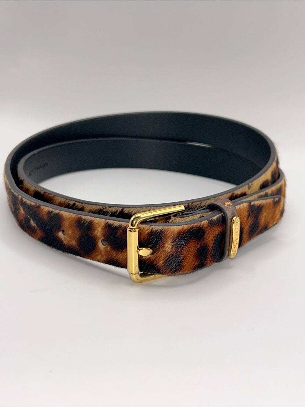 Ralph Lauren Leopard Print Pony Hair Leather Skinny Belt with Gold Buckle